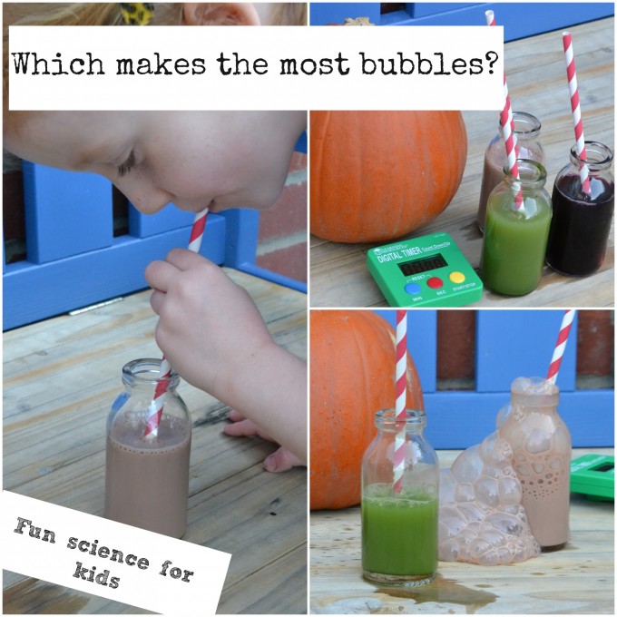 Which drink makes the most bubbles - Halloween STEM Activites for kids.Image of child blowing bubbles into a drink