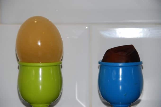 Using eggs to explain osmosis. Two eggs in egg cups, one swollen with water and one shrunken
