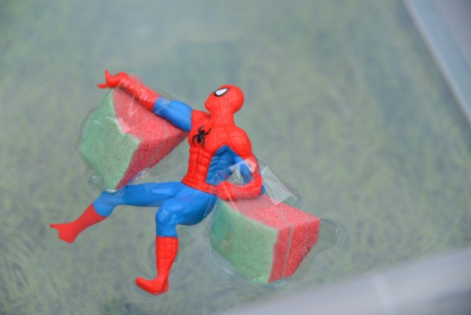 spiderman figure with pool noodle arm bands - save the superhero science activity for kids