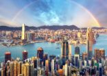 Rainbow over Hong Kong city skyline