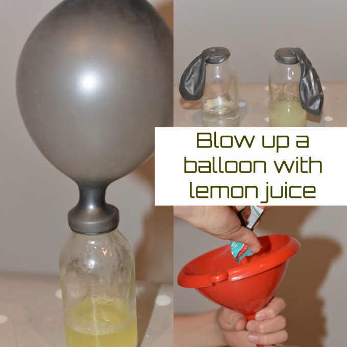 A balloon being blown up by lemon juice and baking soda