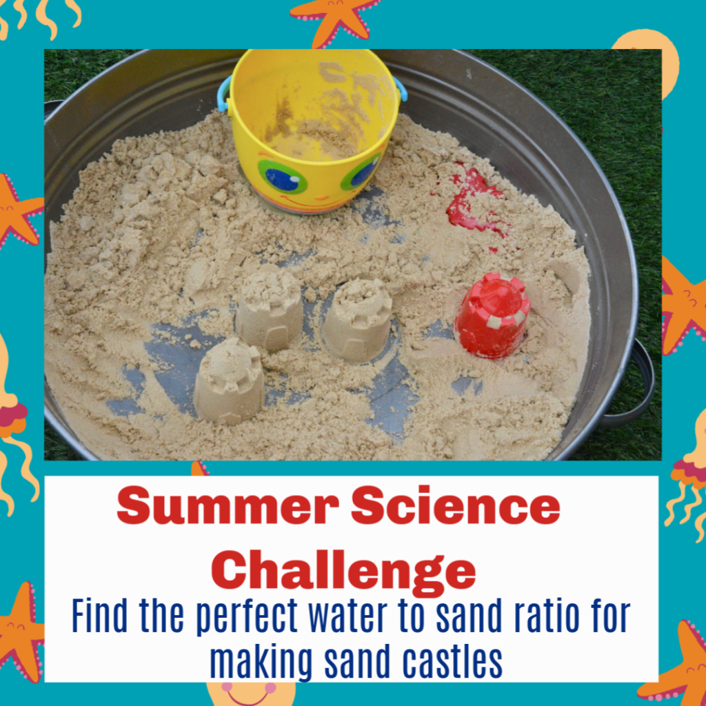 sand in a large tray for a science investigation to find the best ratio of sand and water for a sandcastle